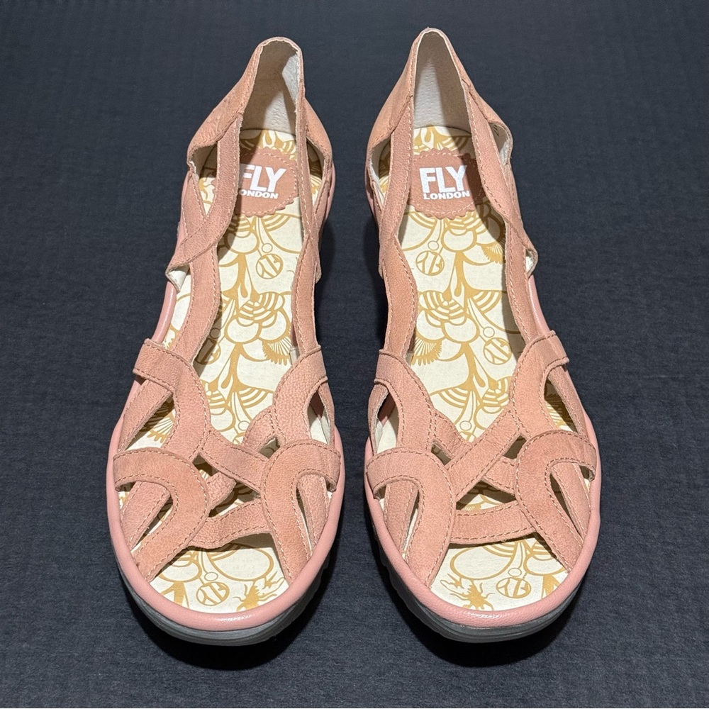 FLY LONDON Pink Suede Leather Woven Gray Wedge Sandals